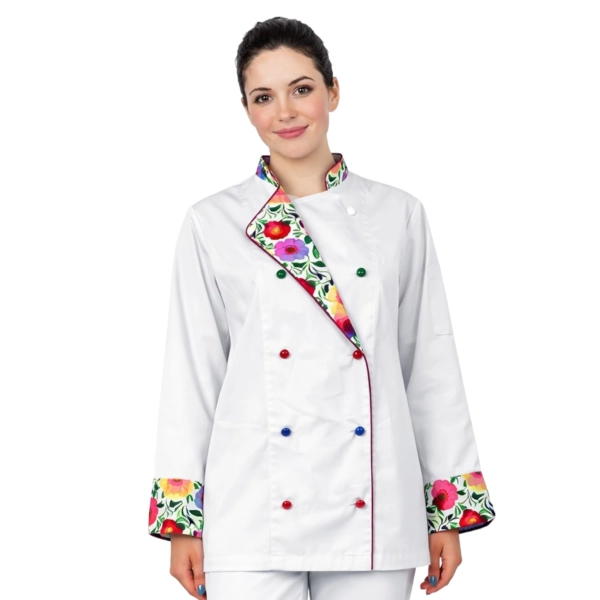 Bluza kucharska damska biała rekaw długi lamówka wzór W5 (1222) roz. M – bluza kucharska – odzież gastronomiczna